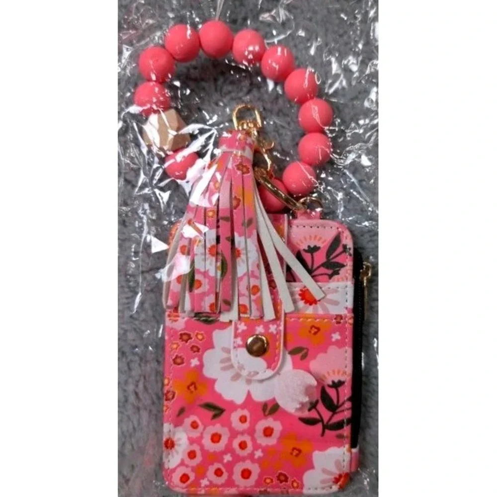 Unbranded Card Holder Keychain Women OS Pink Floral Wristlet Tassel Zipper